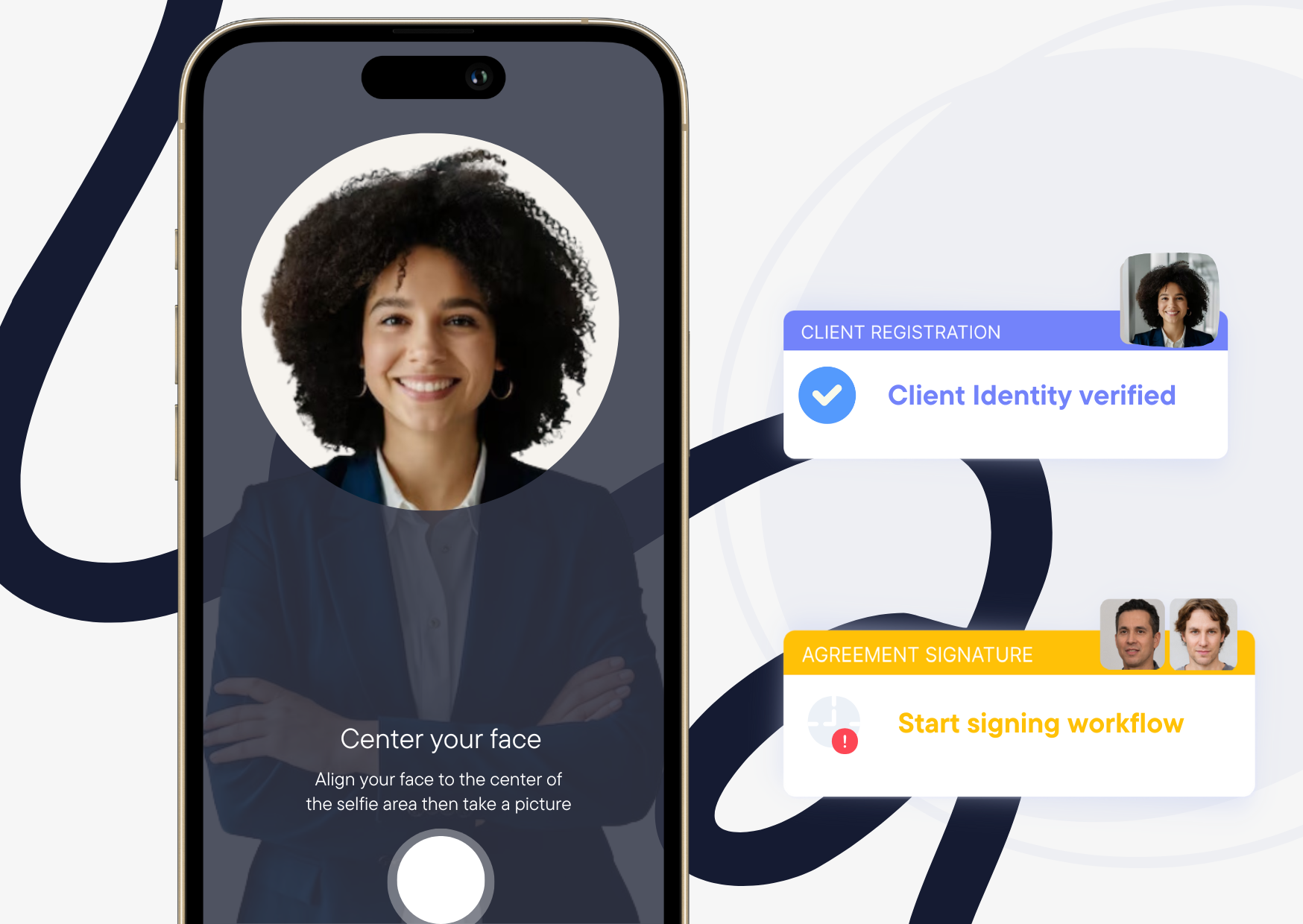 Phone screen with a face scan and the client identity verified