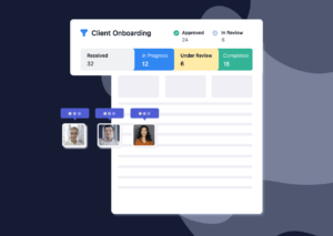 Client onboarding dashboard showing files received and in review