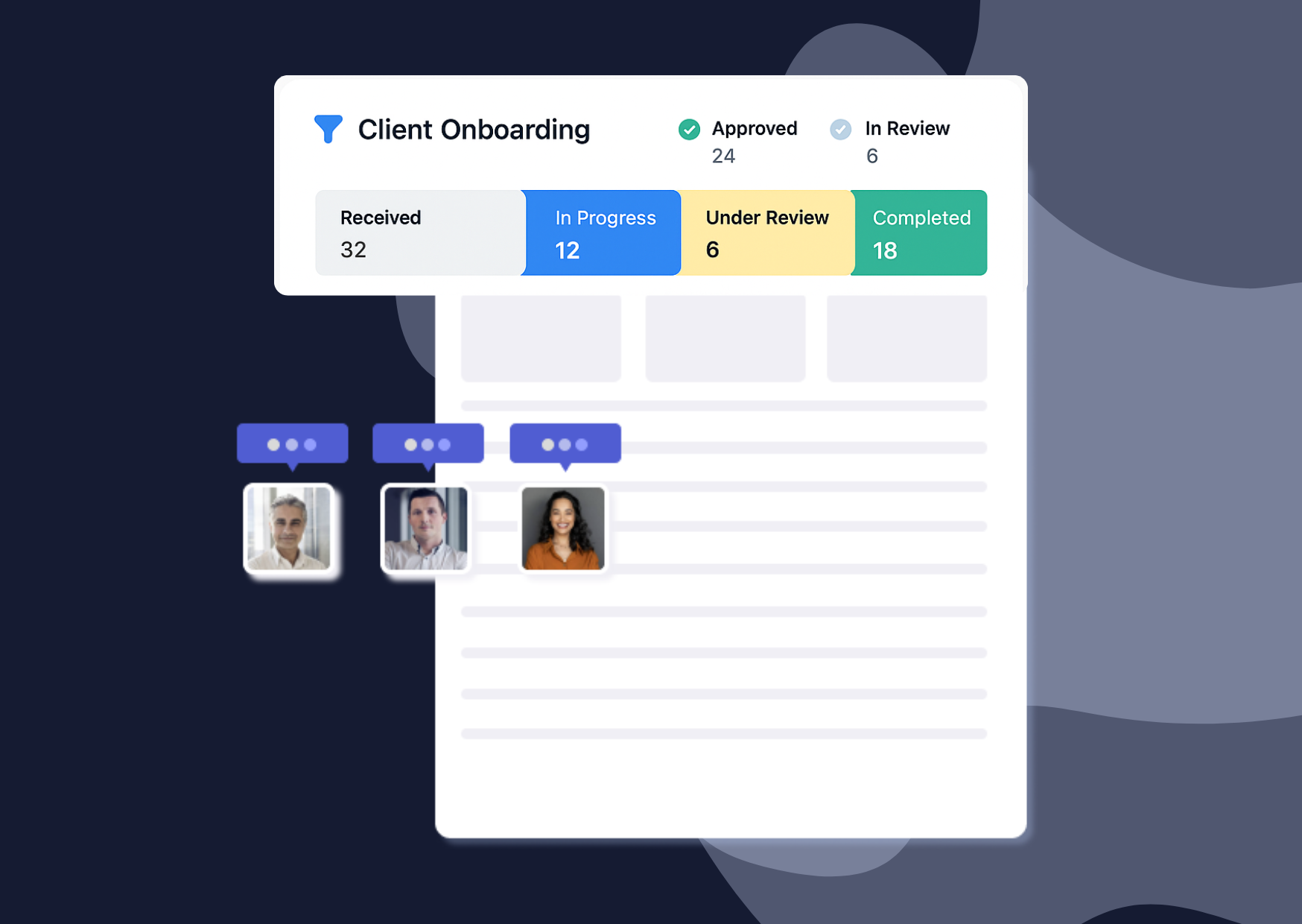 Client onboarding dashboard showing files received and in review