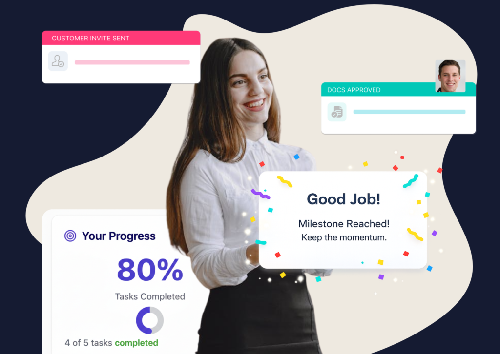 Customer onboarding milestone progress with completed tasks