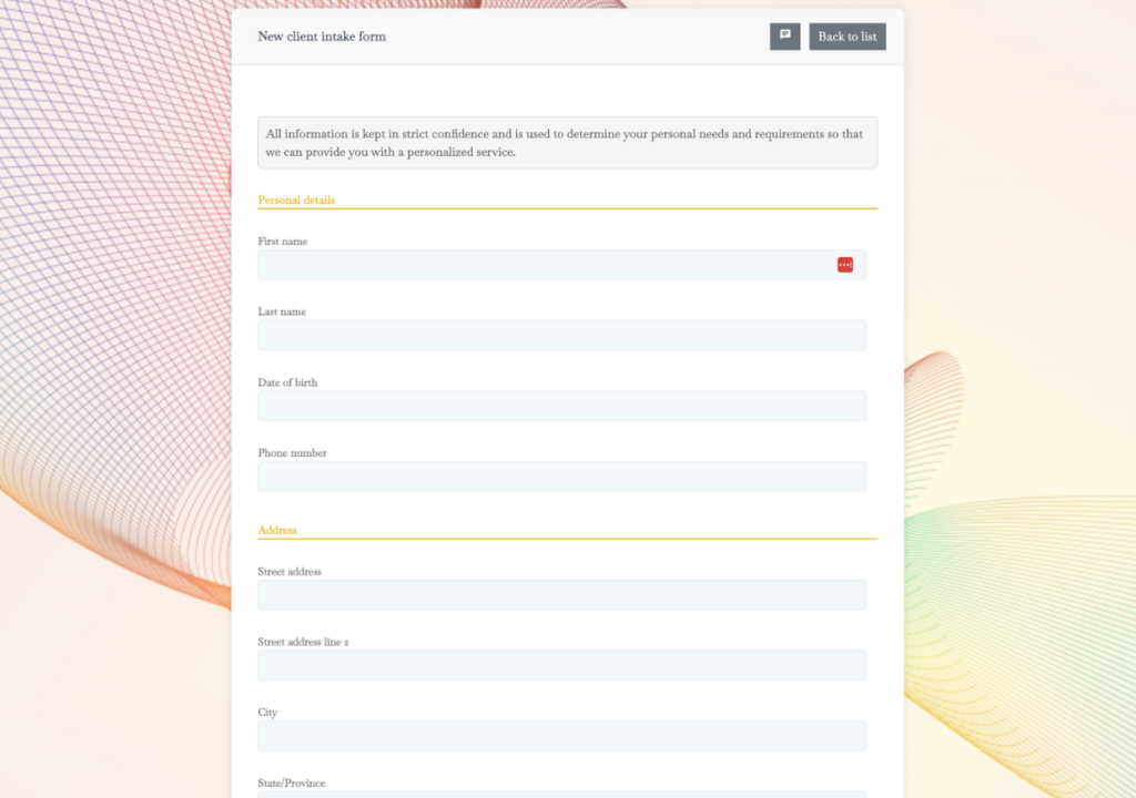 new client intake form
