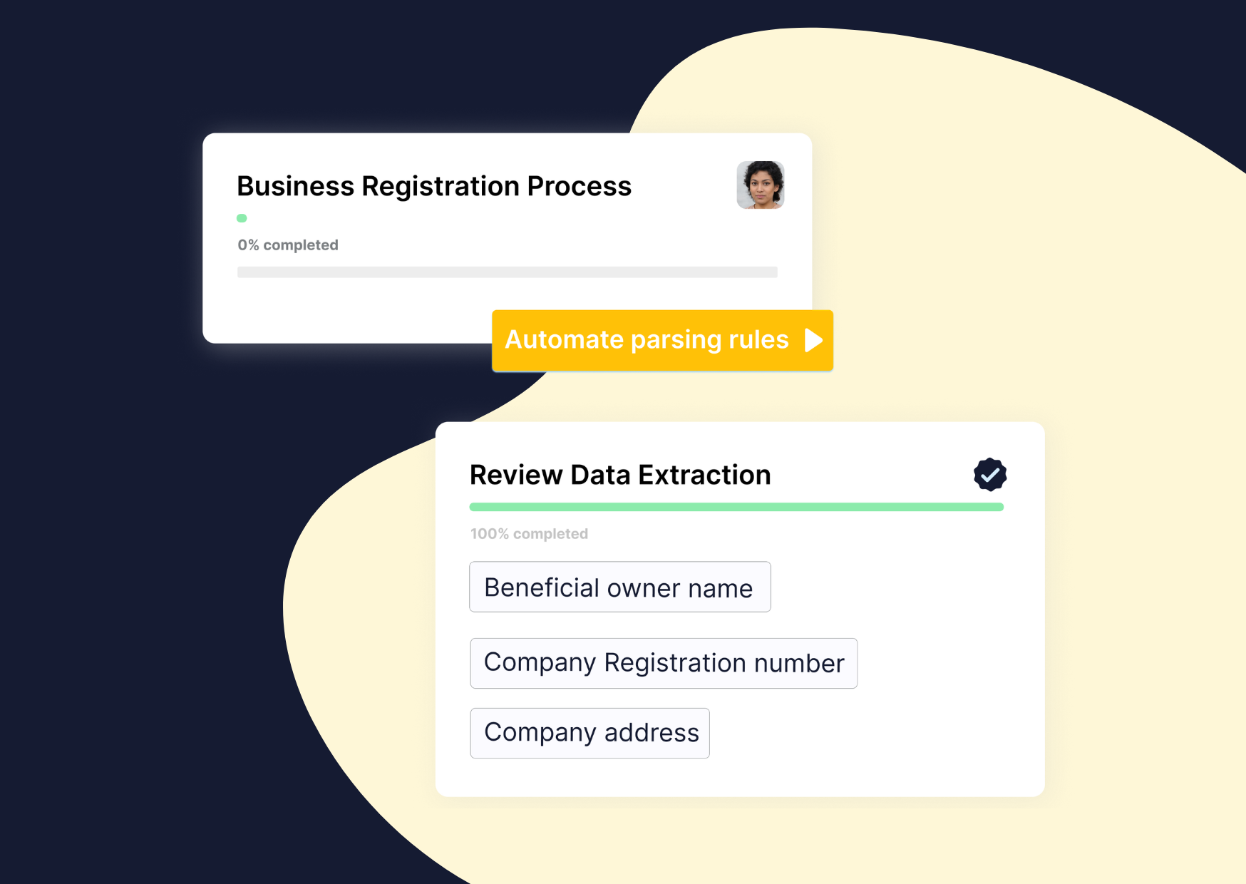 Clustdoc screen extracting a business owner name, registration number and address